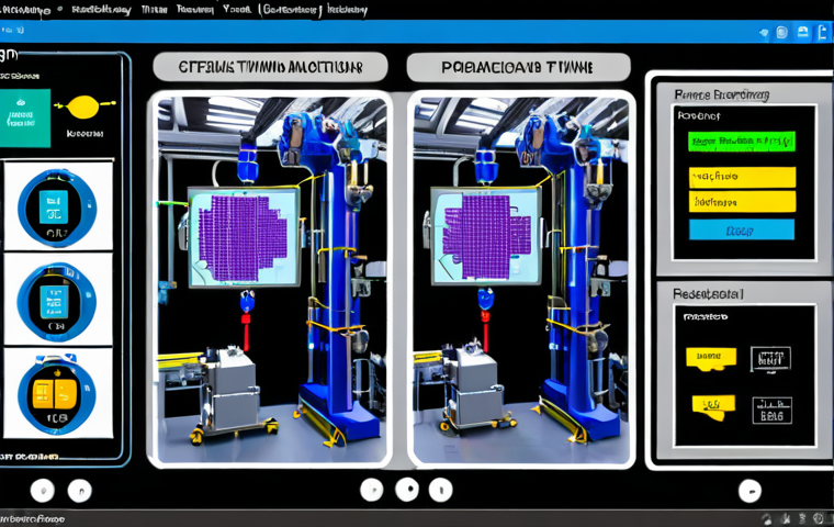**Image Prompt 1: Digital Twins in Manufacturing**
- Create an image of a digital twin model displayed on a screen alongside a physical factory setting. Show sensors and IoT devices collecting real-time data from the factory, with visual indicators highlighting production efficiency and bottlenecks.